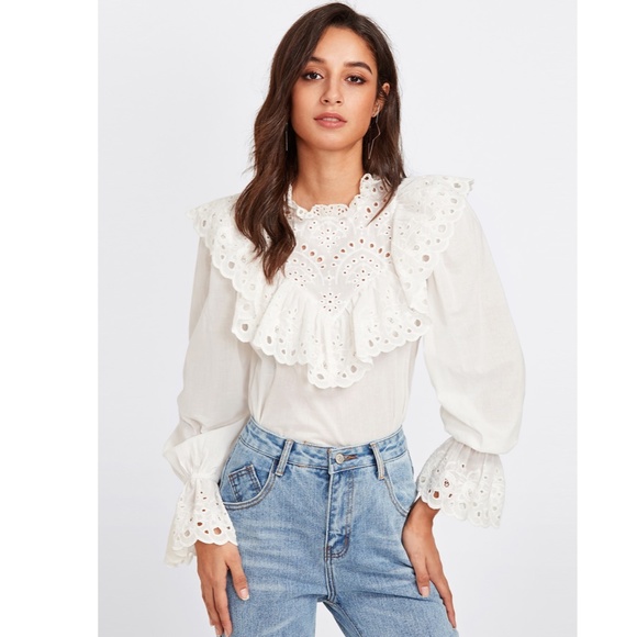 Rouge! Tops - White Eyelet Embroidery Ruffle Detail Cotton Shirt